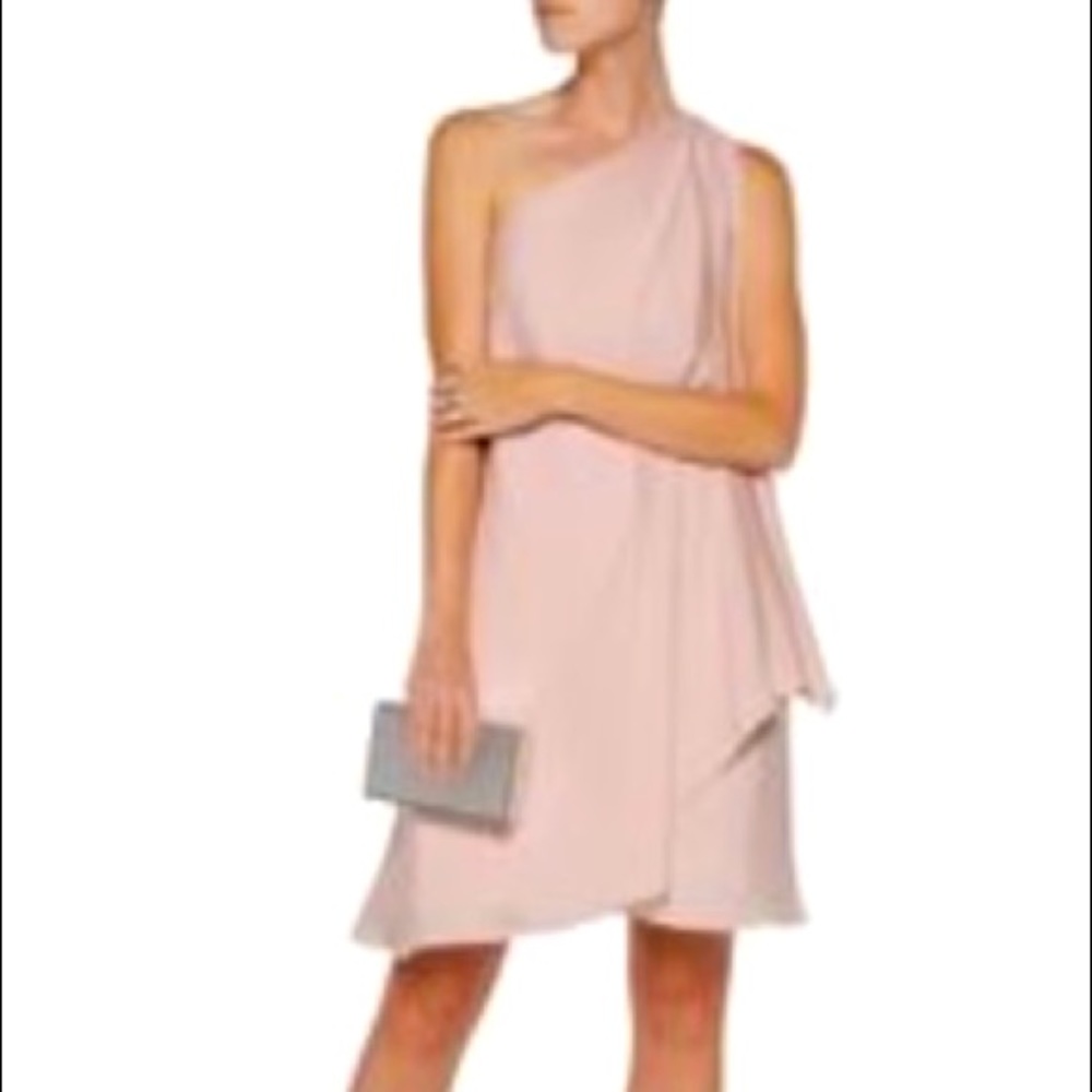 Halston Heritage One Shoulder Crepe de Chine Draped Mini Dress Sm Pale pink cape